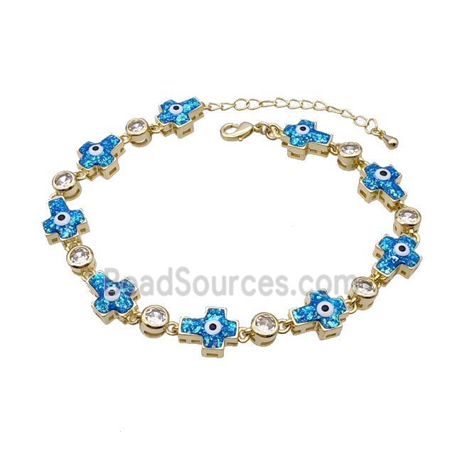Copper Cross Bracelet Evil Eye Pave Blue Fire Opal 18K Gold Plated
