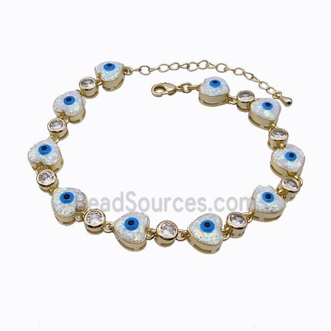 Copper Heart Bracelet Evil Eye Pave White Fire Opal 18K Gold Plated