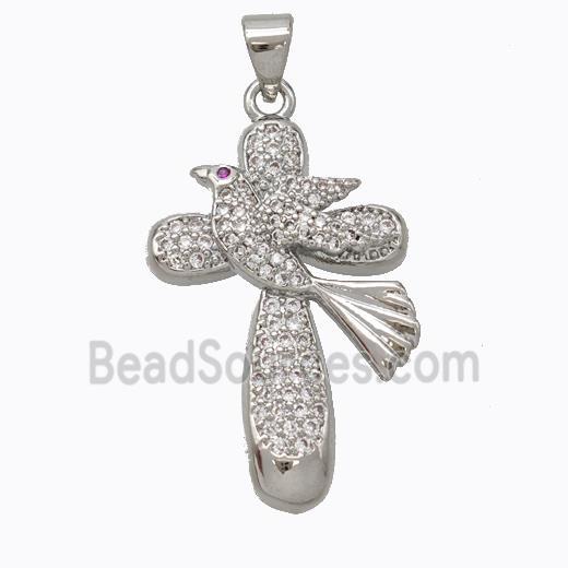 Copper Cross Pendant Pave Zirconia Birds Platinum Plated