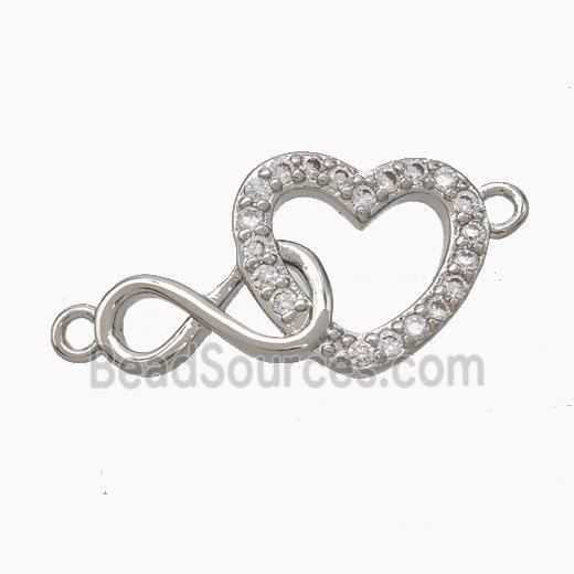 Copper Infinity Heart Connector Micropave Zirconia Platinum Plated