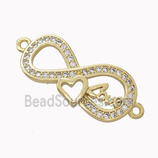 Copper Infinity Connector Micropave Zirconia Heart Love Gold Plated