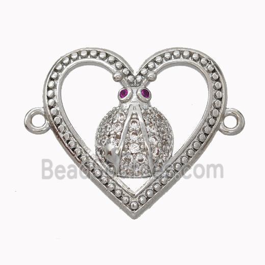 Copper Heart Micropave Zirconia Ladybug Platinum Plated