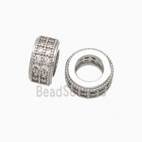 Copper Wheel Beads Micro Pave Zirconia Large Hole Rondelle Platinum Plated