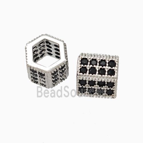 Copper Hexagon Tube Beads Micropave Zirconia Large Hole Platinum Plated