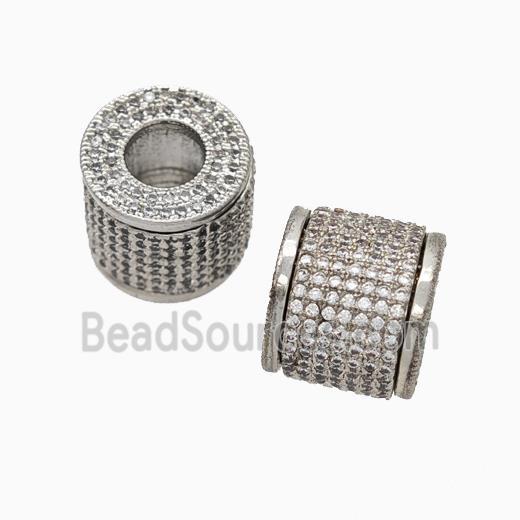 Copper Tube Beads Pave Zirconia Large Hole Column Platinum Plated