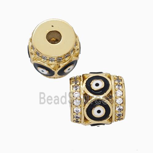 Copper Barrel Beads Pave Zirconia Black Enamel Evil Eye Large Hole Gold Plated