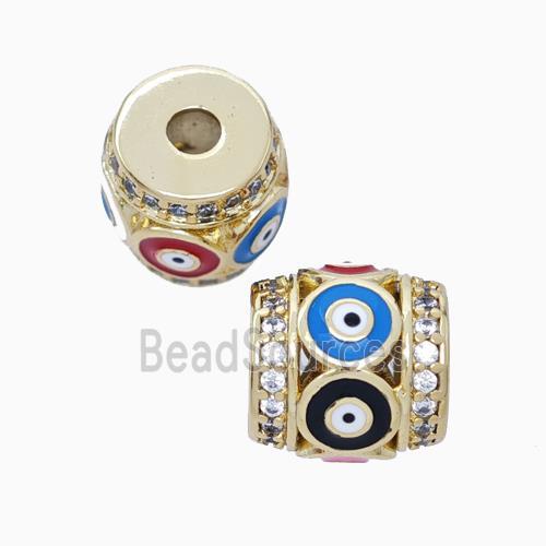 Copper Barrel Beads Pave Zirconia Multicolor Enamel Evil Eye Large Hole Gold Plated