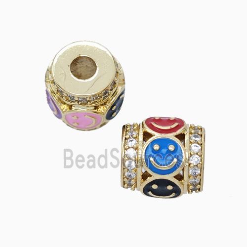 Copper Barrel Beads Pave Zirconia Multicolor Enamel Emoji Large Hole Gold Plated