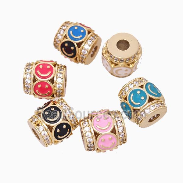 Copper Barrel Beads Pave Zirconia Enamel Emoji Large Hole Gold Plated Mixed