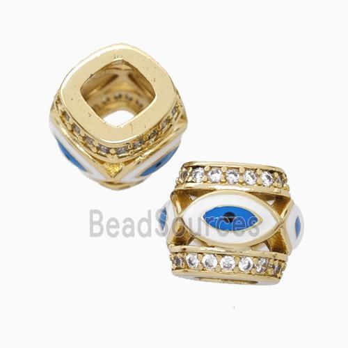 Copper Barrel Beads Pave Zirconia White Enamel Eye Large Hole Gold Plated