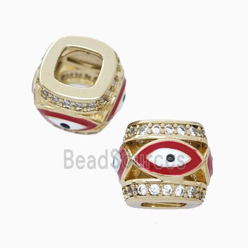 Copper Barrel Beads Pave Zirconia Red Enamel Eye Large Hole Gold Plated