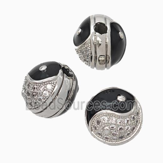 Copper Taichi Beads Pave Zirconia Black Enamel Large Hole Yinyang Platinum Plated