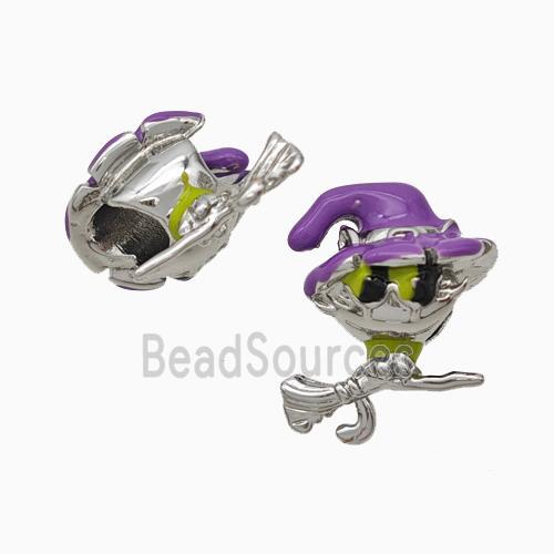 Halloween Witch Charms Copper Beads Broom Purple Enamel Large Hole Platinum Plated