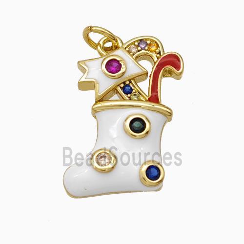 Christmas Stocking Charms Copper Pendant Pave Zirconia White Enamel Gold Plated