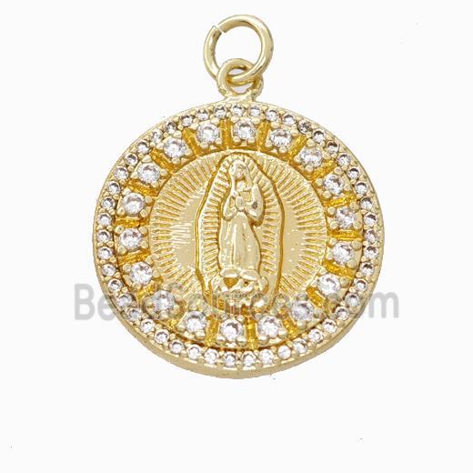 Virgin Mary Charms Copper Pendant Pave Zirconia Circle Gold Plated