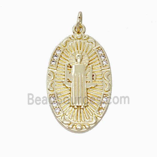 Jesus Charms Copper Pendant Pave Zirconia Oval Gold Plated