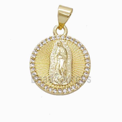 Virgin Mary Charms Copper Pendant Pave Zirconia Circle Gold Plated