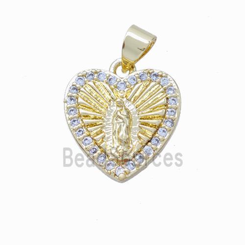 Virgin Mary Charms Copper Heart Pendant Pave Zirconia Gold Plated