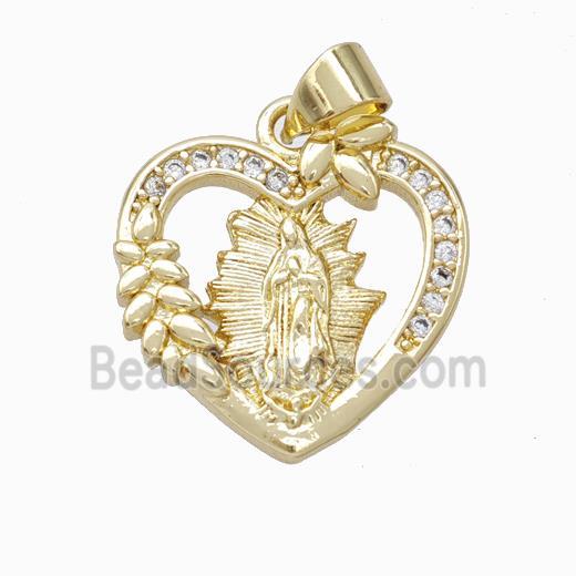 Virgin Mary Charms Copper Heart Pendant Micropave Zirconia Gold Plated