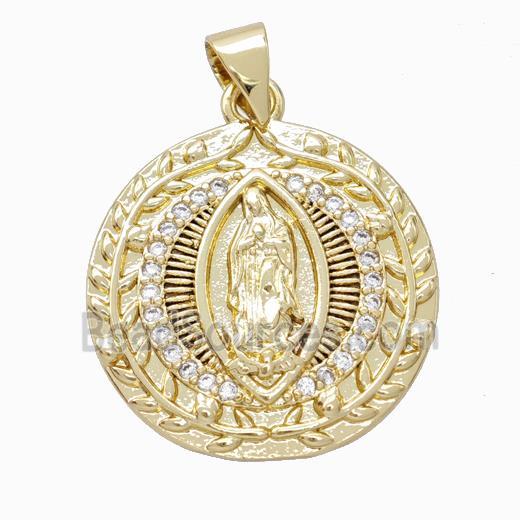 Virgin Mary Charms Copper Circle Pendant Micropave Zirconia Gold Plated