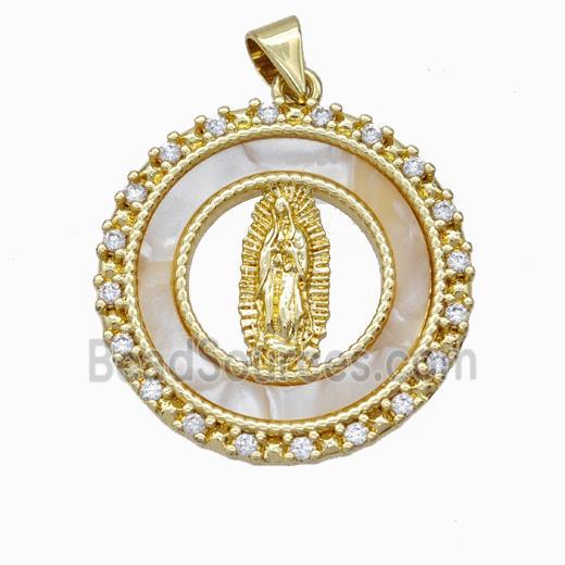 Jesus Charms Copper Pendant Pave Shell Zirconia Circle Gold Plated