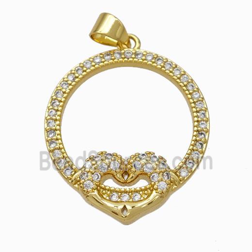 Copper Circle Pendant Pave Zirconia Heart Gold Plated