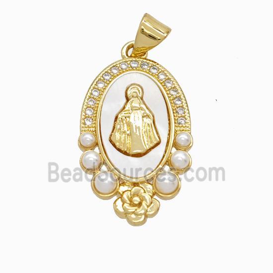 Virgin Mary Charms Copper Pendant Pave Zirconia Shell Resin 18K Gold Plated