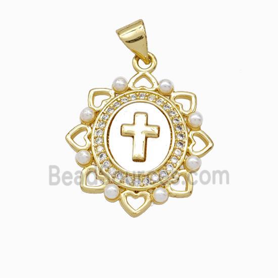 Copper Cross Pendant Pave Zirconia Shell Resin 18K Gold Plated