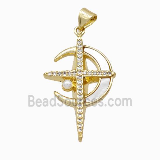Copper Cross Pendant Pave Zirconia Shell Resin Moon 18K Gold Plated