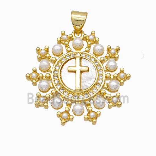 Copper Cross Pendant Pave Zirconia Shell Resin 18K Gold Plated