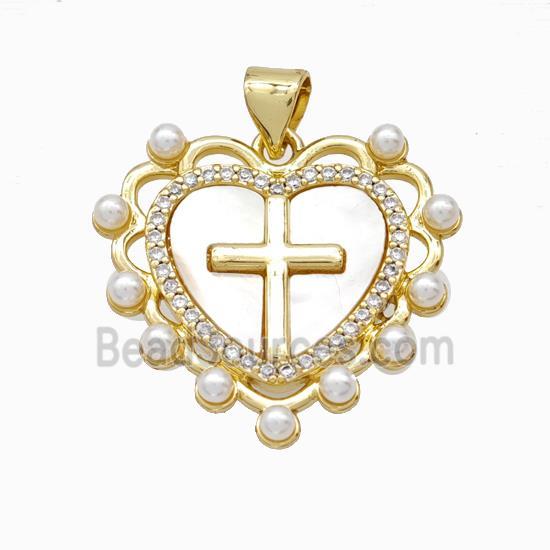 Copper Cross Pendant Pave Zirconia Shell Resin Heart 18K Gold Plated