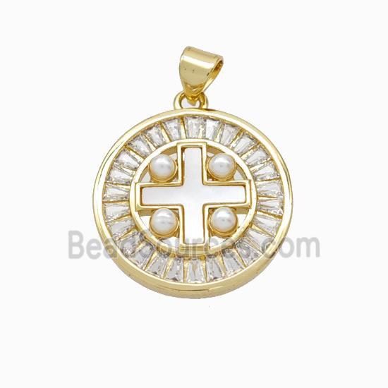 Copper Cross Pendant Pave Zirconia Shell Resin 18K Gold Plated