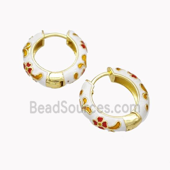Copper Hoop Earrings White Enamel Flower Gold Plated