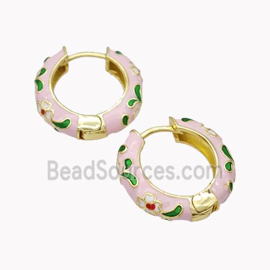 Copper Hoop Earrings Pink Enamel Flower Gold Plated