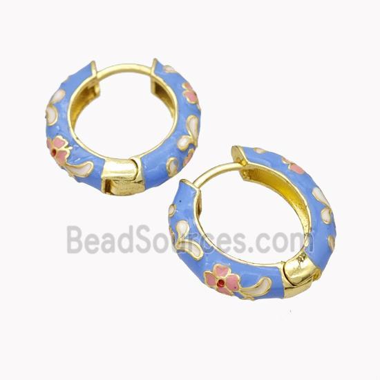 Copper Hoop Earrings Blue Enamel Flower Gold Plated