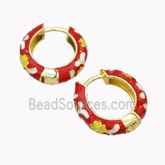 Copper Hoop Earrings Red Enamel Flower Gold Plated