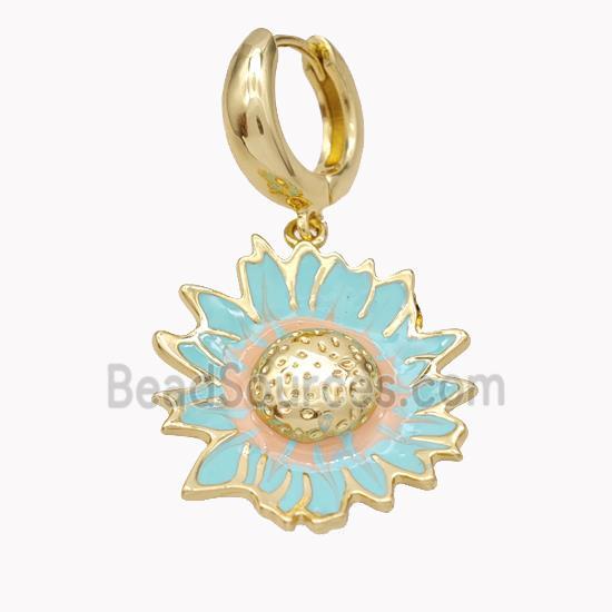 Copper Hoop Earrings With Sunflower Teal Enamel Gold Plated