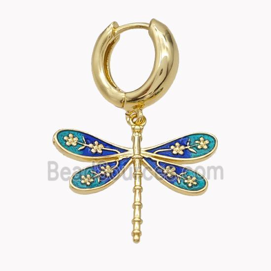 Copper Hoop Earrings With Dragonfly Green Blue Enamel Gold Plated