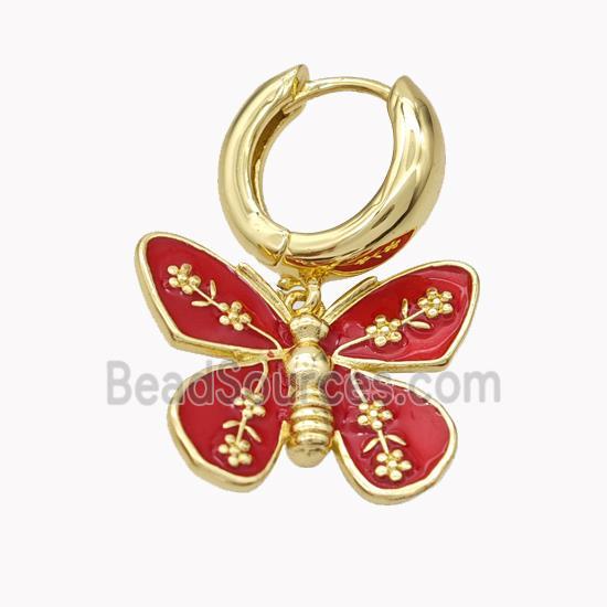 Copper Hoop Earrings With Butterfly Red Enamel Gold Plated