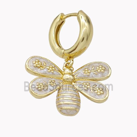 Copper Hoop Earrings With Honeybee White Enamel Gold Plated