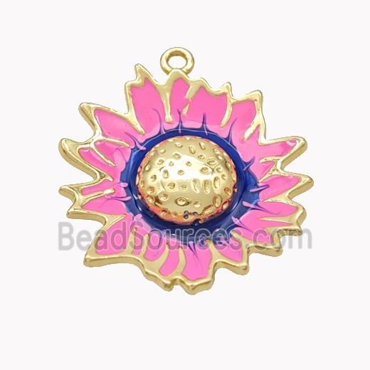 Copper Sunflower Pendant Pink Enamel Gold Plated