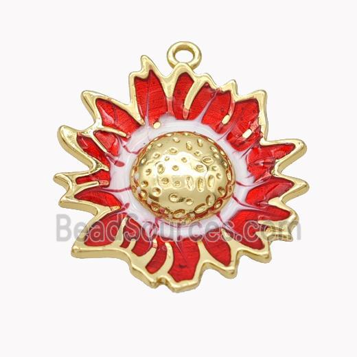 Copper Sunflower Pendant Red Enamel Gold Plated