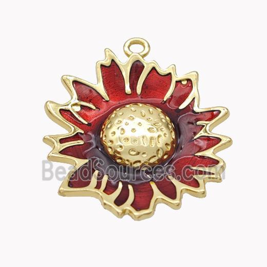 Copper Sunflower Pendant Red Enamel Gold Plated