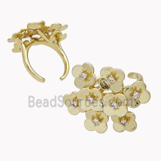 Copper Flower Cluster Rings Pave Zirconia Gold Plated