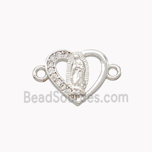 Virgin Mary Charms Copper Heart Connector Pave Zirconia Platinum Plated