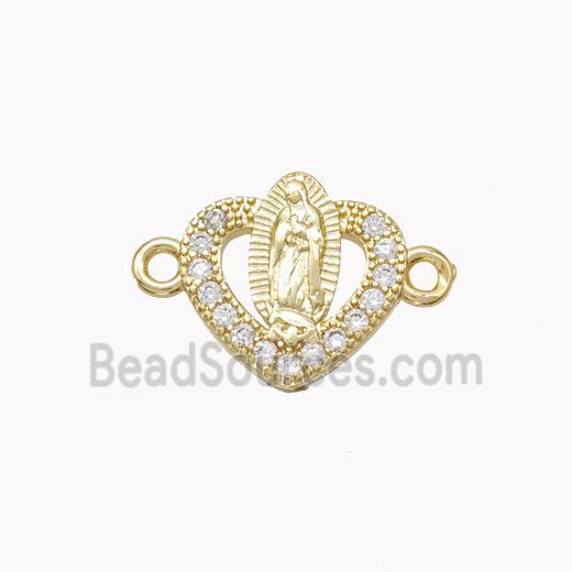 Virgin Mary Charms Copper Heart Connector Pave Zirconia Gold Plated