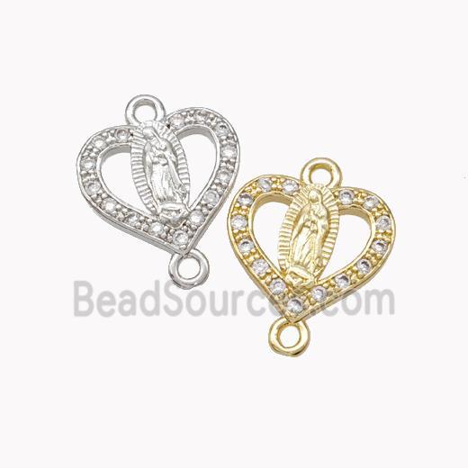 Virgin Mary Charms Copper Heart Connector Pave Zirconia Mixed