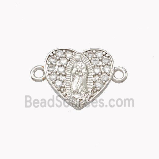 Virgin Mary Charms Copper Heart Connector Pave Zirconia Platinum Plated