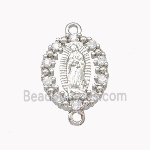 Virgin Mary Charms Copper Oval Connector Pave Zirconia Platinum Plated