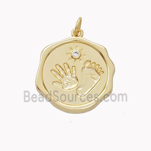 Copper Hand Footprint Pendant Pave Zirconia Circle Gold Plated